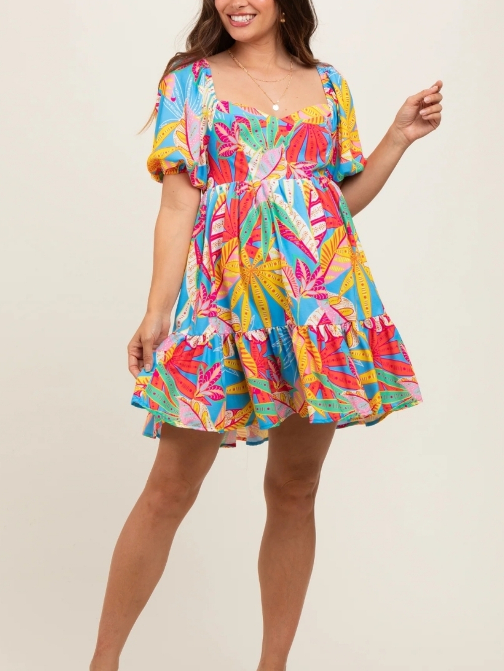 Flying Tomato Multicolor Floral-Leaf Puff Sleeve Mini Dress (Blue, Yellow, Pink)